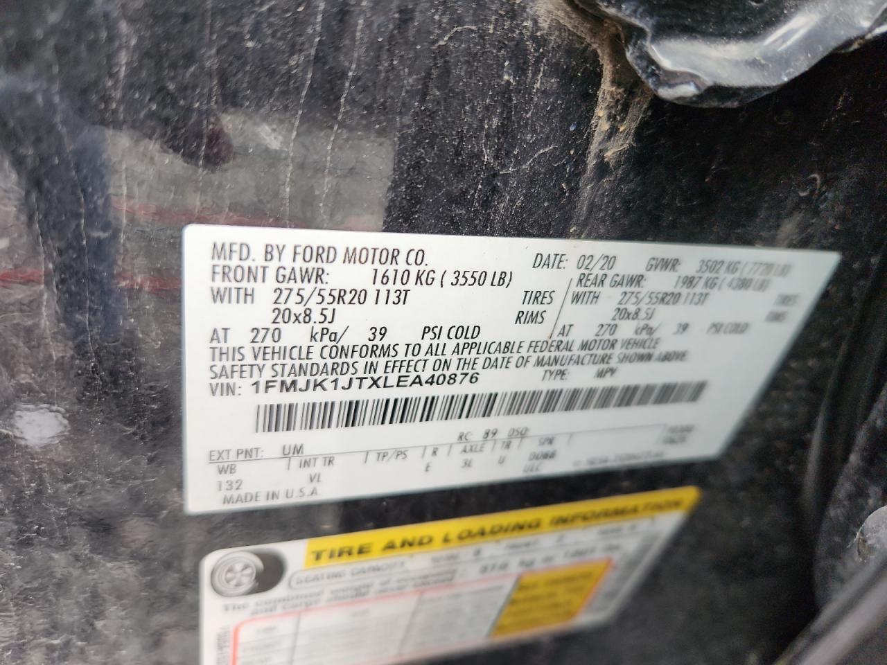 2020 Ford Expedition Max Xlt VIN: 1FMJK1JTXLEA40876 Lot: 84178095