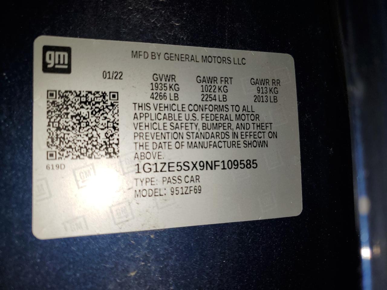 2022 Chevrolet Malibu Premier VIN: 1G1ZE5SX9NF109585 Lot: 83815415