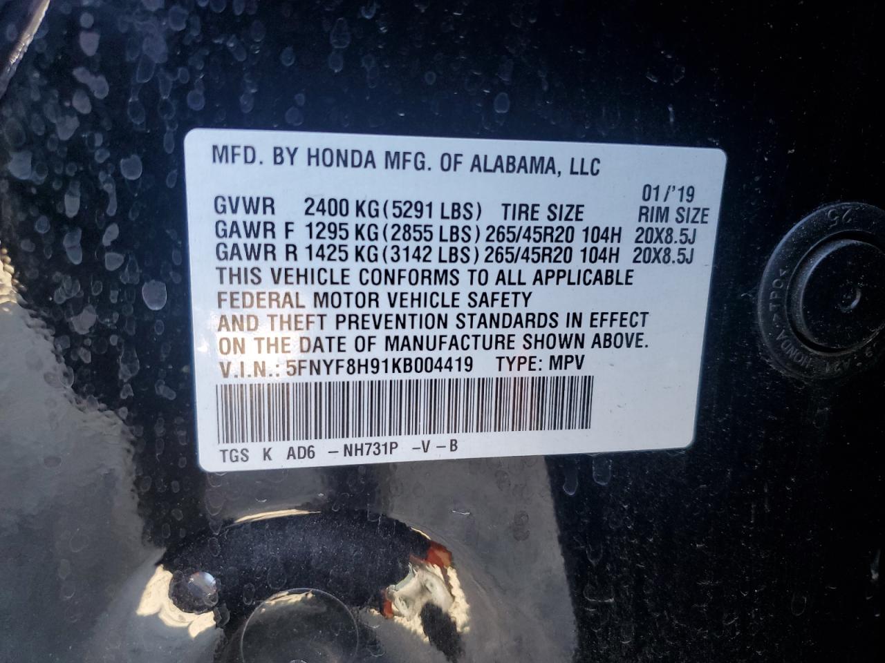 2019 Honda Passport Touring VIN: 5FNYF8H91KB004419 Lot: 80750175