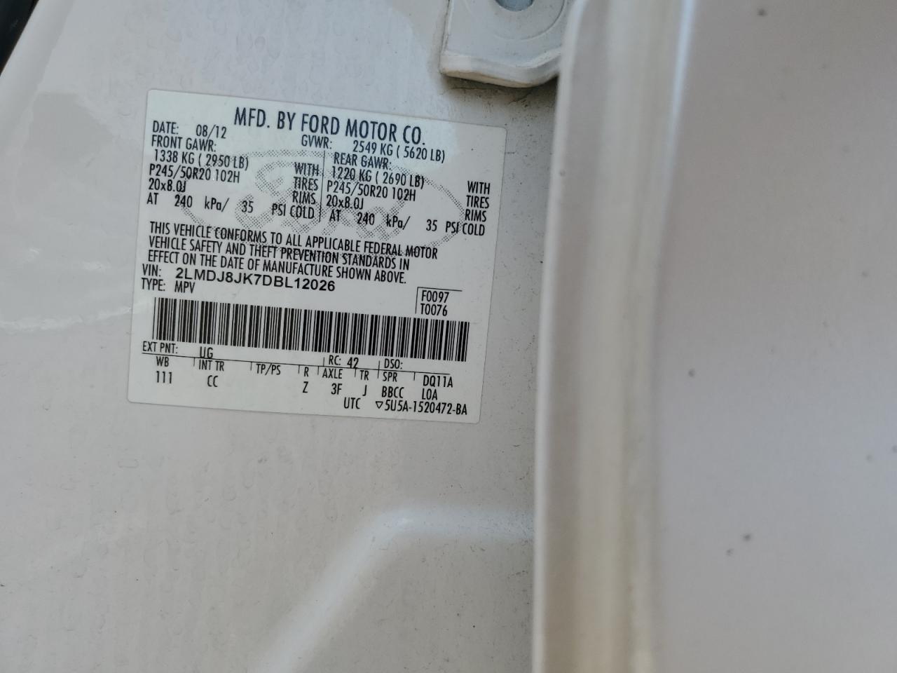 2013 Lincoln Mkx VIN: 2LMDJ8JK7DBL12026 Lot: 70930975