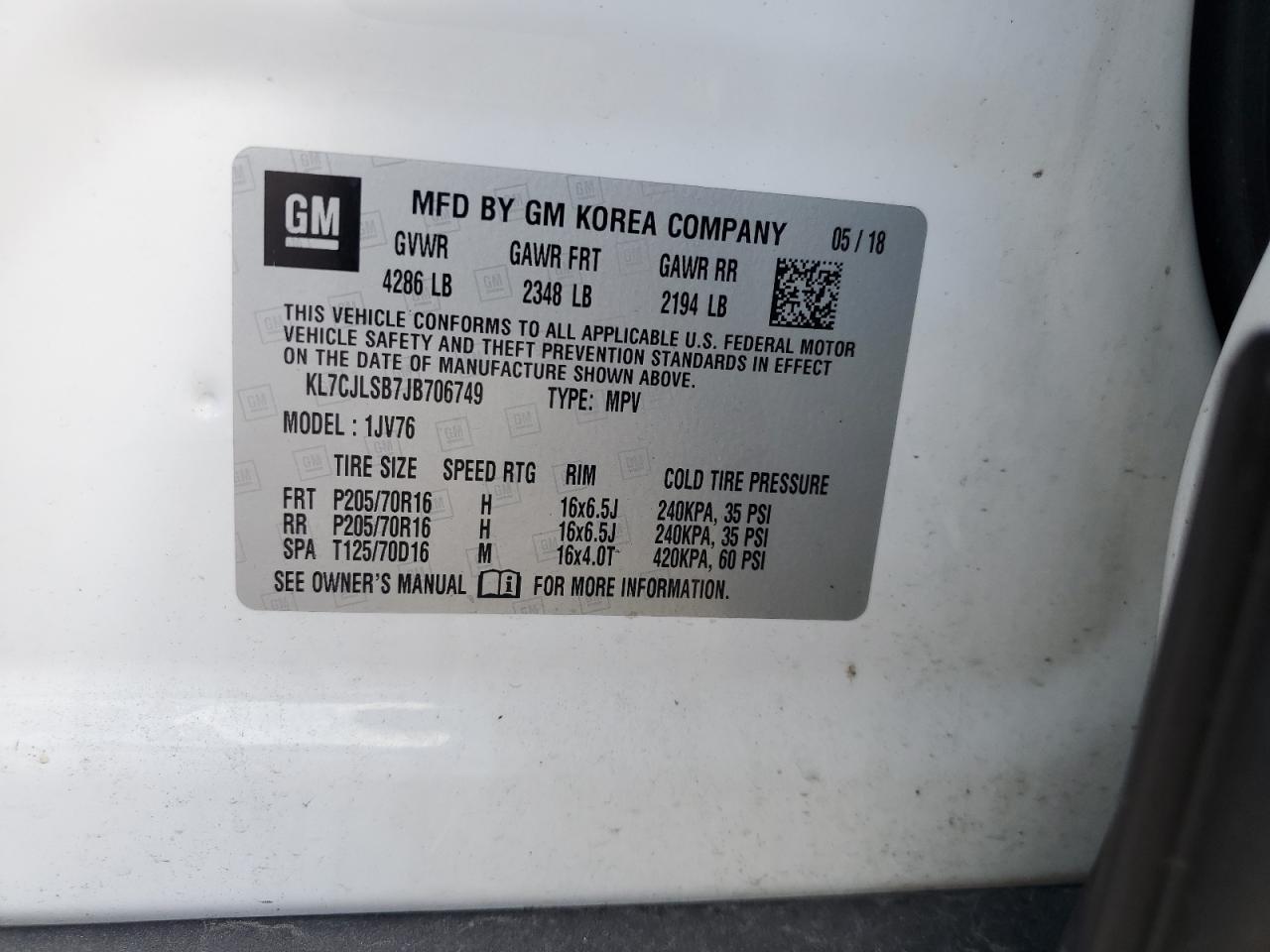 2018 Chevrolet Trax 1Lt VIN: KL7CJLSB7JB706749 Lot: 70822745