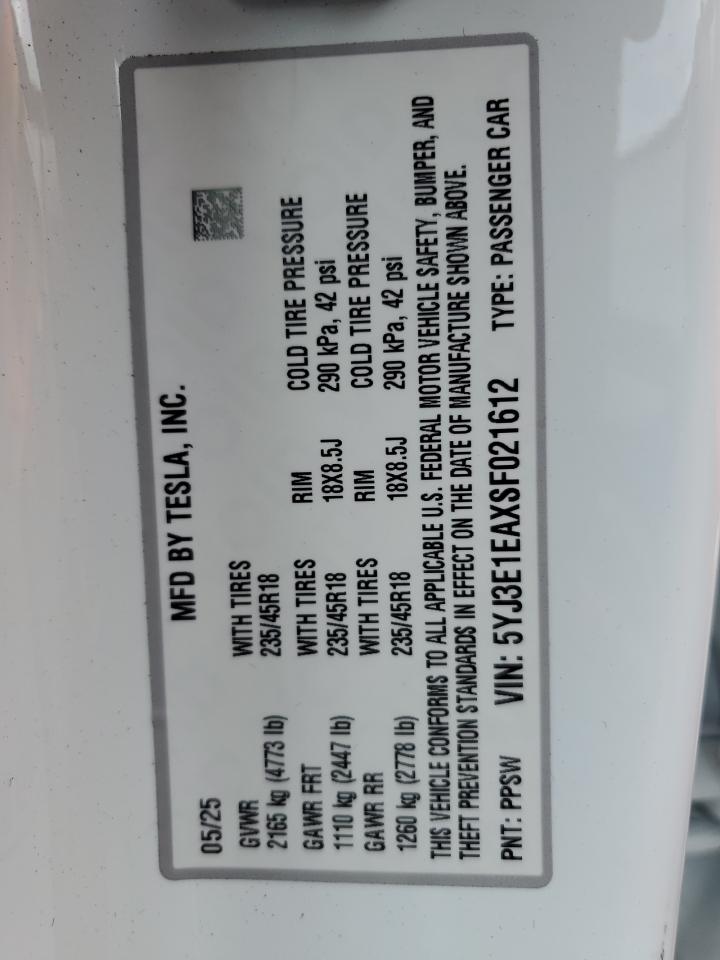 2025 Tesla Model 3 VIN: 5YJ3E1EAXSF021612 Lot: 80557135