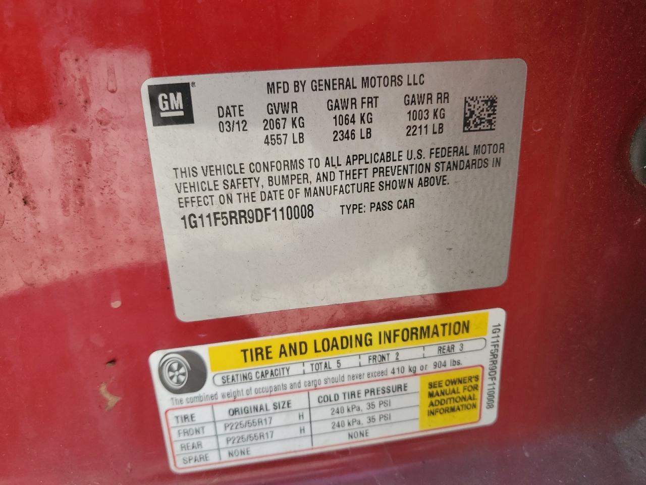 2013 Chevrolet Malibu 2Lt VIN: 1G11F5RR9DF110008 Lot: 70690075