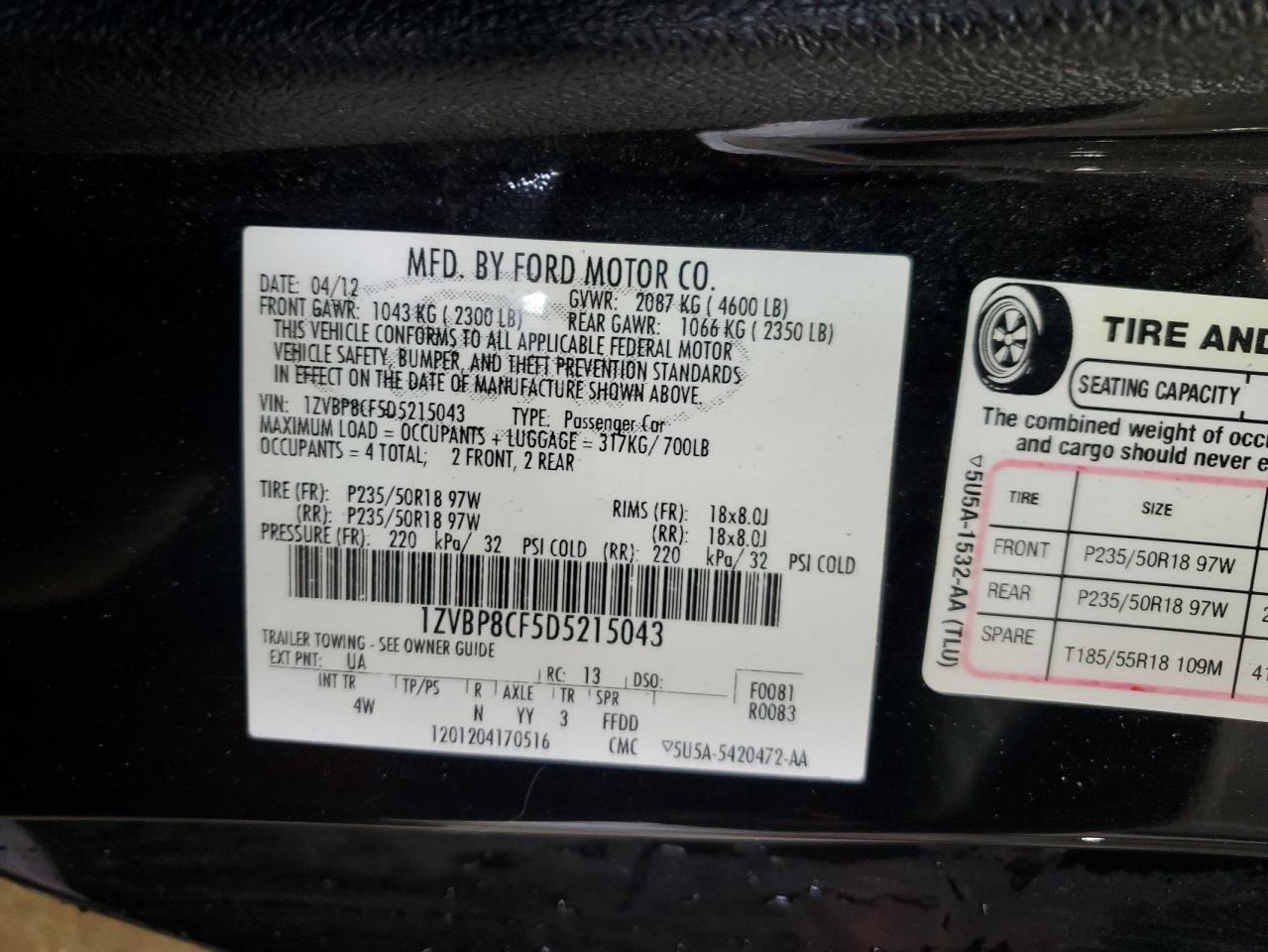 2013 Ford Mustang Gt VIN: 1ZVBP8CF5D5215043 Lot: 80959125