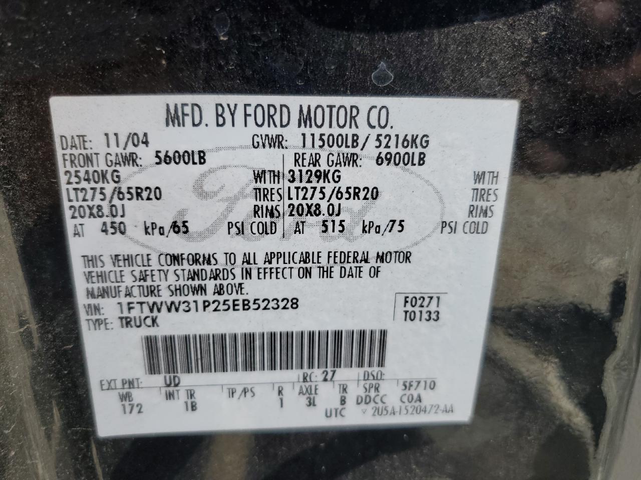 2005 Ford F350 Srw Super Duty VIN: 1FTWW31P25EB52328 Lot: 71212155