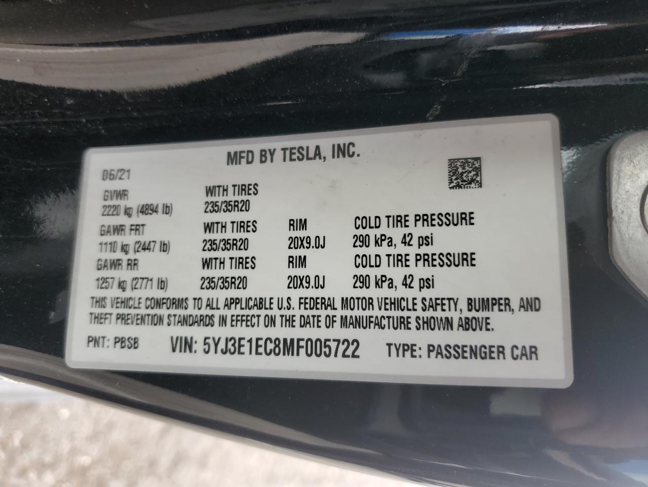 2021 Tesla Model 3 VIN: 5YJ3E1EC8MF005722 Lot: 81411215