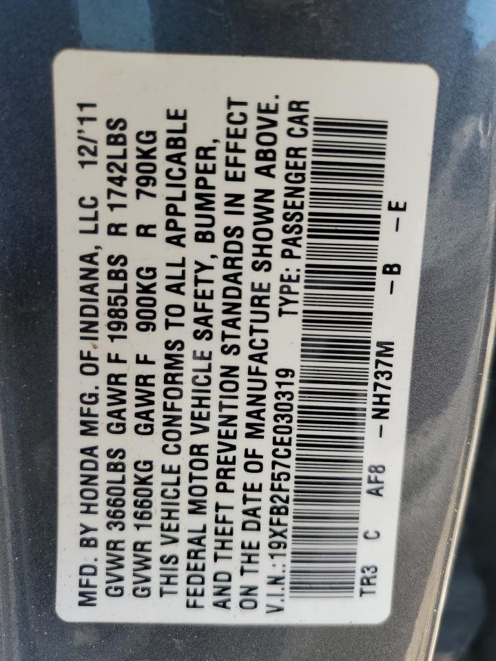 2012 Honda Civic Lx VIN: 19XFB2F57CE030319 Lot: 80581765