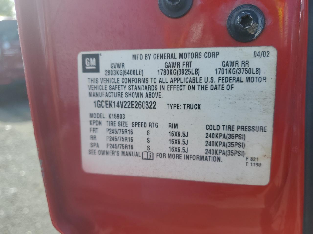 2002 Chevrolet Silverado K1500 VIN: 1GCEK14V22E260322 Lot: 81812135