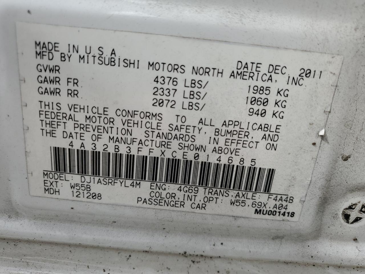 2012 Mitsubishi Galant Es VIN: 4A32B3FFXCE014685 Lot: 80123355