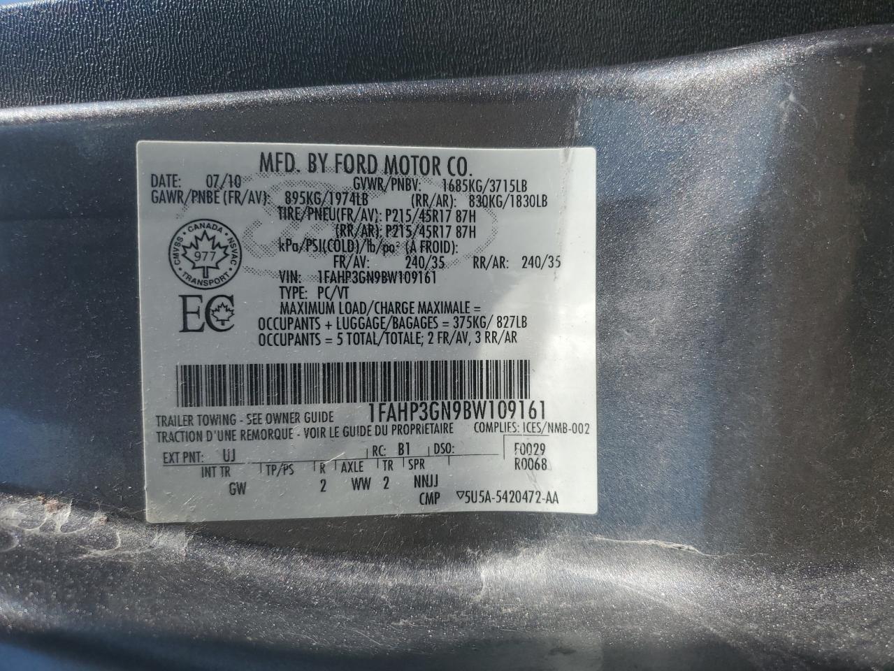 2011 Ford Focus Ses VIN: 1FAHP3GN9BW109161 Lot: 71009805