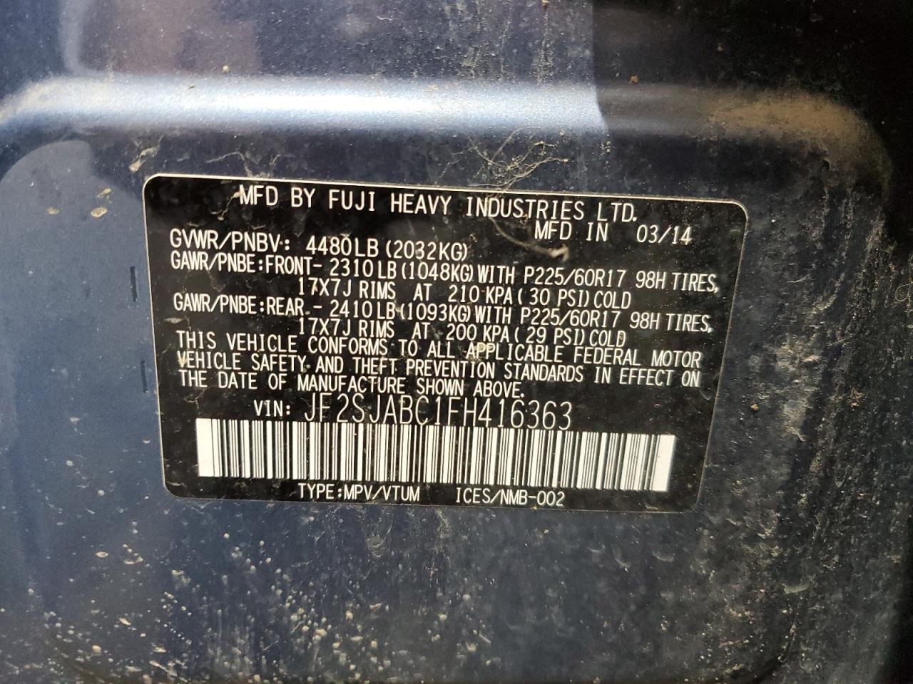 2015 Subaru Forester 2.5I VIN: JF2SJABC1FH416363 Lot: 71400765