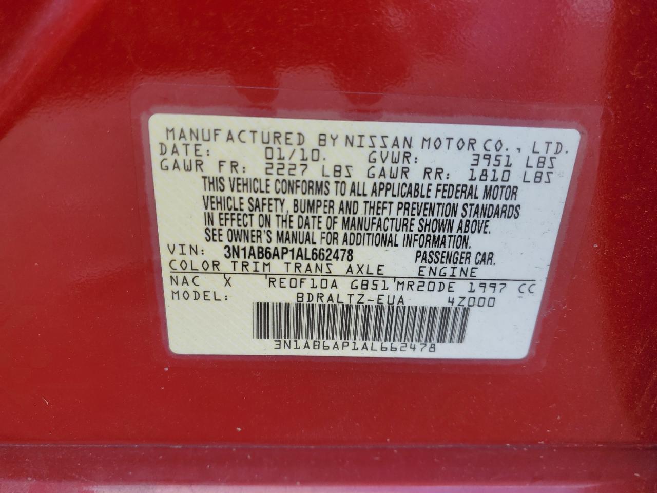 2010 Nissan Sentra 2.0 VIN: 3N1AB6AP1AL662478 Lot: 80896555