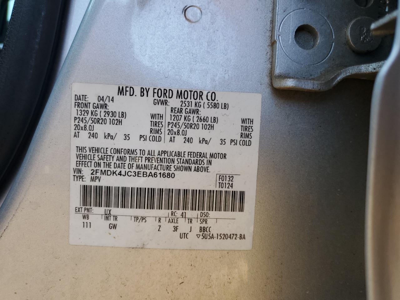 2014 Ford Edge Sel VIN: 2FMDK4JC3EBA61680 Lot: 72034865