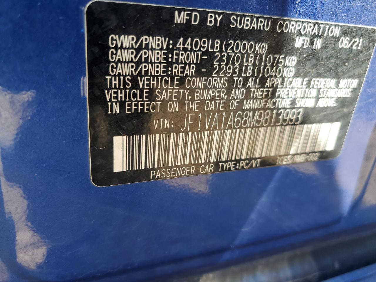 2021 Subaru Wrx VIN: JF1VA1A68M9813993 Lot: 71886835