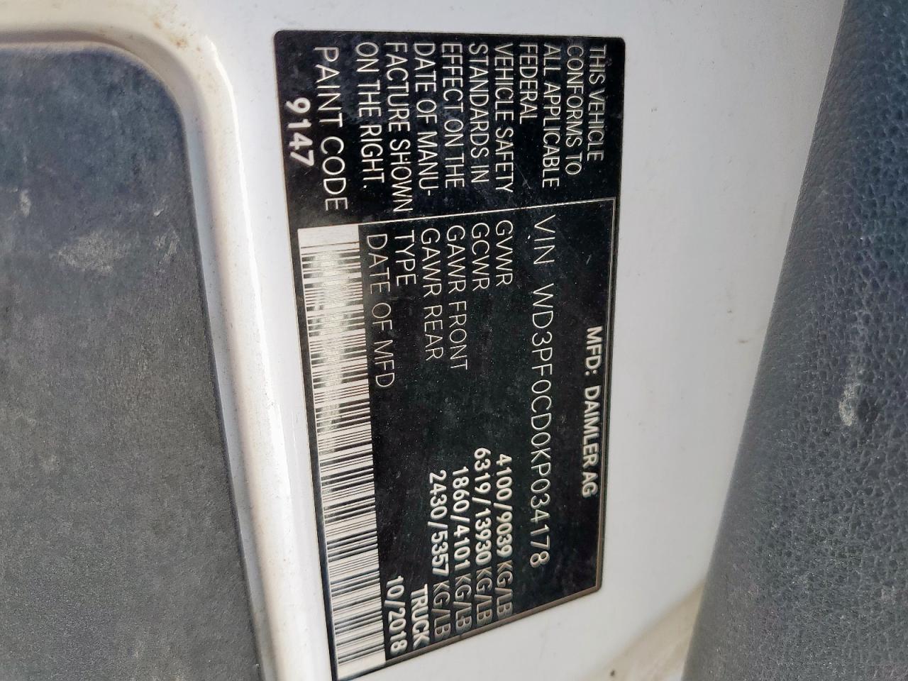 2019 Mercedes-Benz Sprinter 2500/3500 VIN: WD3PF0CD0KP034178 Lot: 81221785