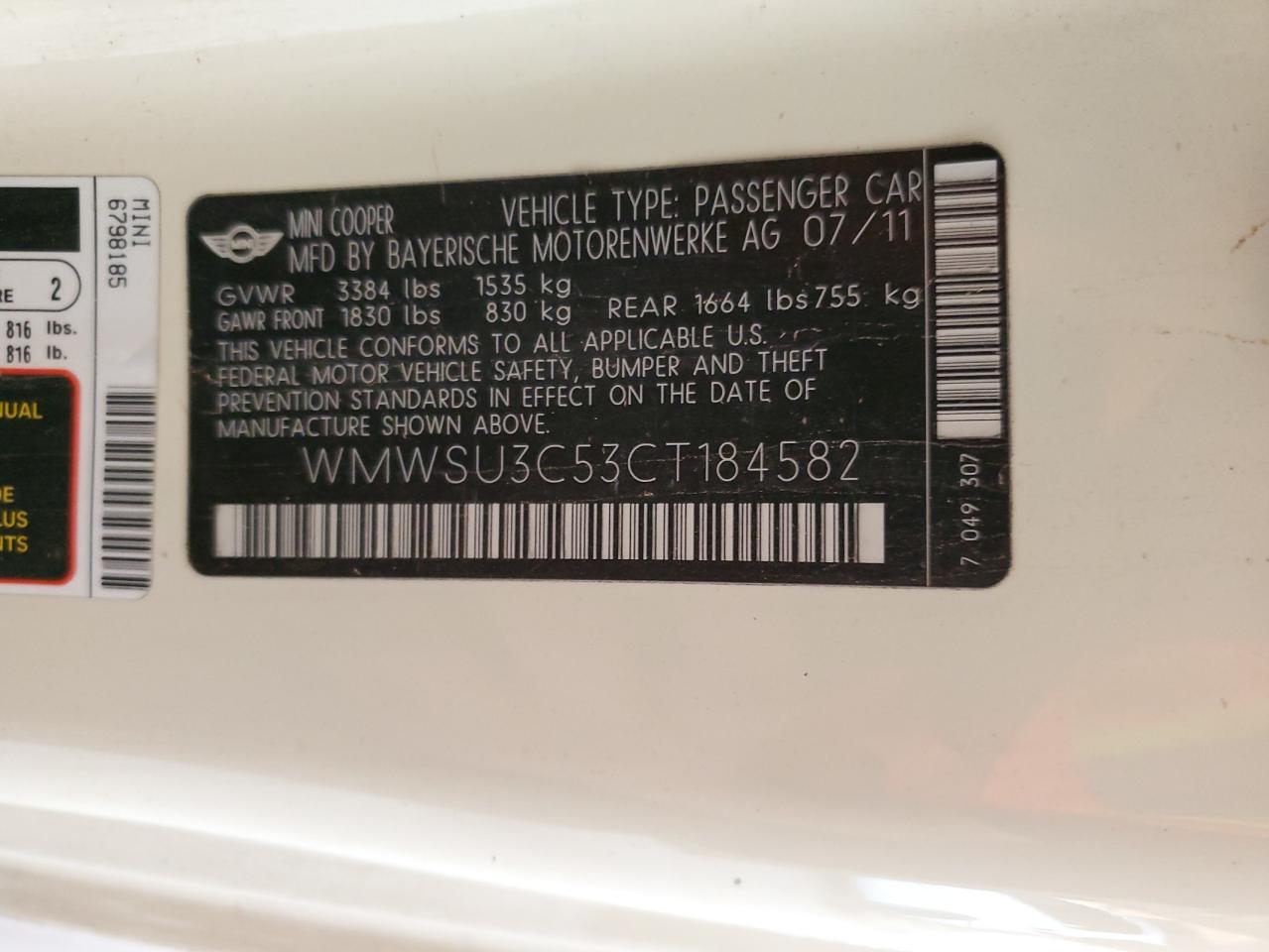 2012 Mini Cooper VIN: WMWSU3C53CT184582 Lot: 80486335