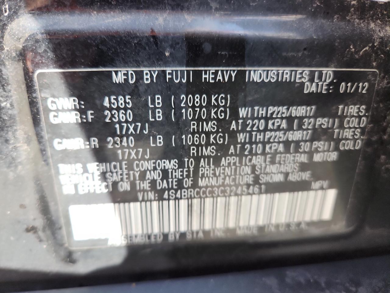 2012 Subaru Outback 2.5I Premium VIN: 4S4BRCCC3C3245461 Lot: 80388655