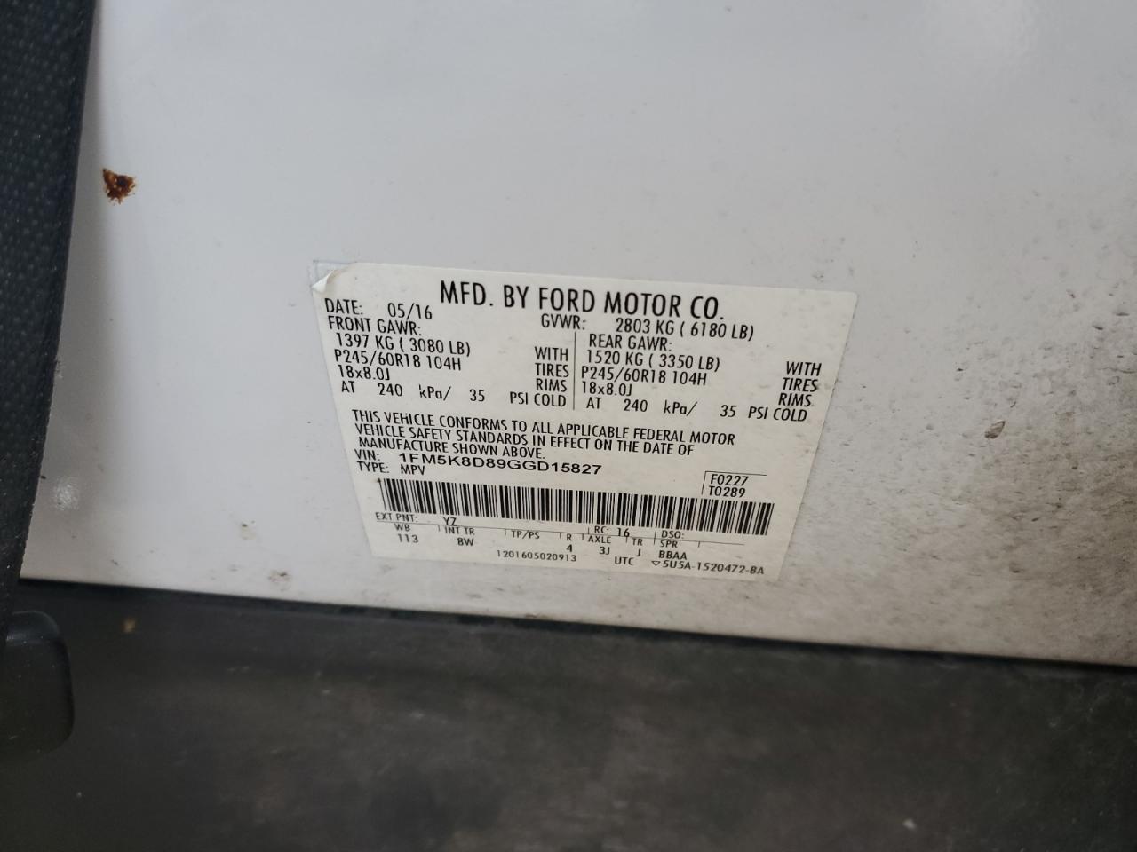 2016 Ford Explorer Xlt VIN: 1FM5K8D89GGD15827 Lot: 80188995