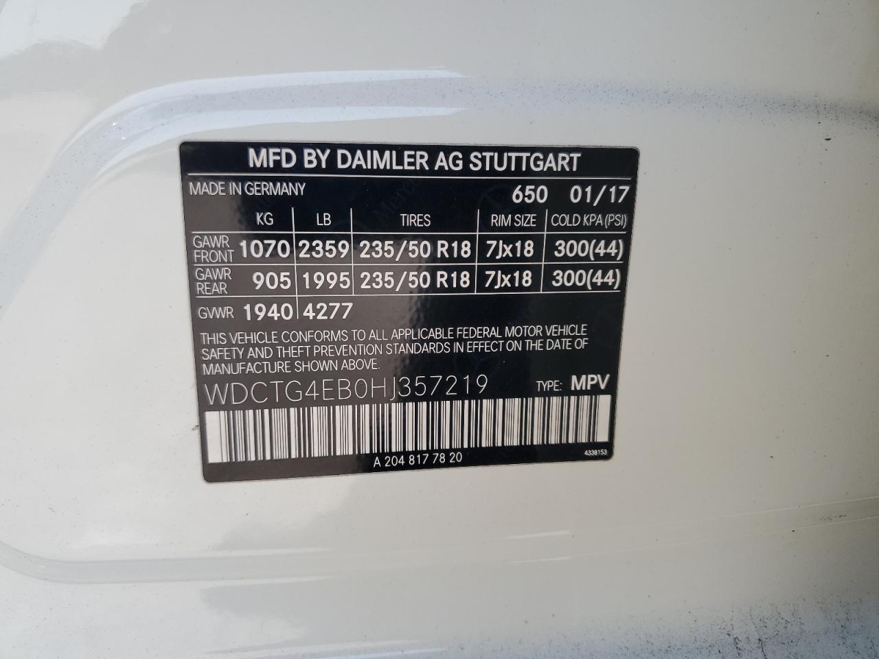 2017 Mercedes-Benz Gla 250 VIN: WDCTG4EB0HJ357219 Lot: 80222215