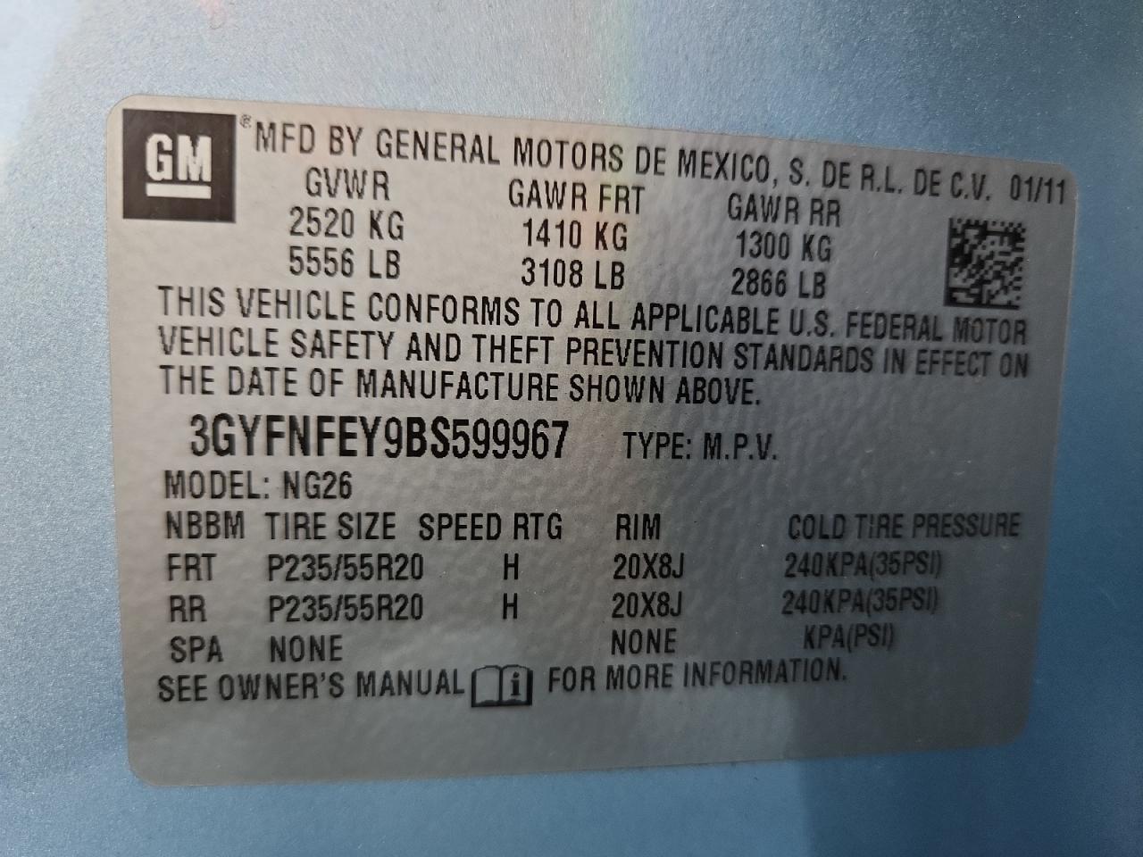 2011 Cadillac Srx Premium Collection VIN: 3GYFNFEY9BS599967 Lot: 80731215