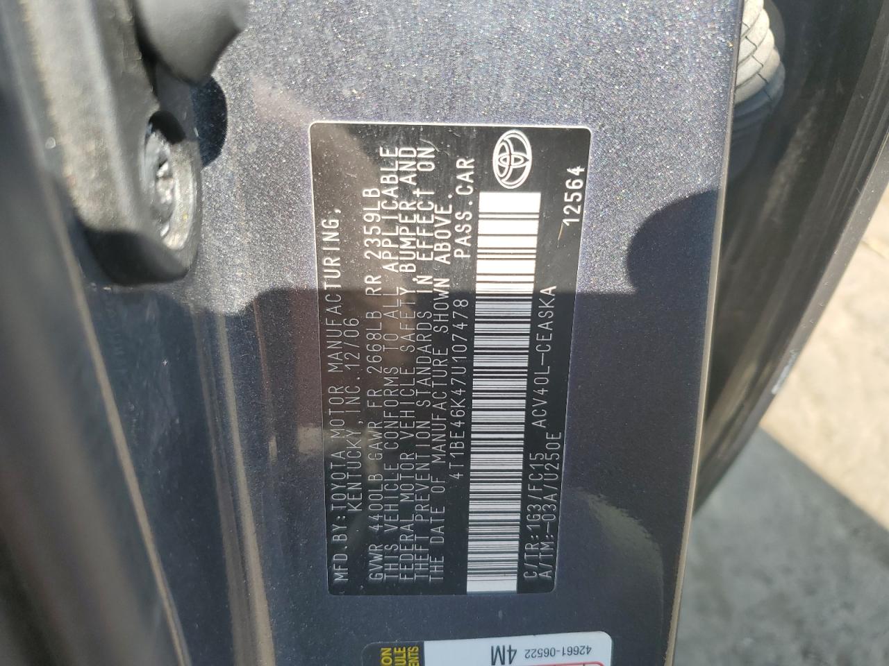2007 Toyota Camry Ce VIN: 4T1BE46K47U107478 Lot: 81579135