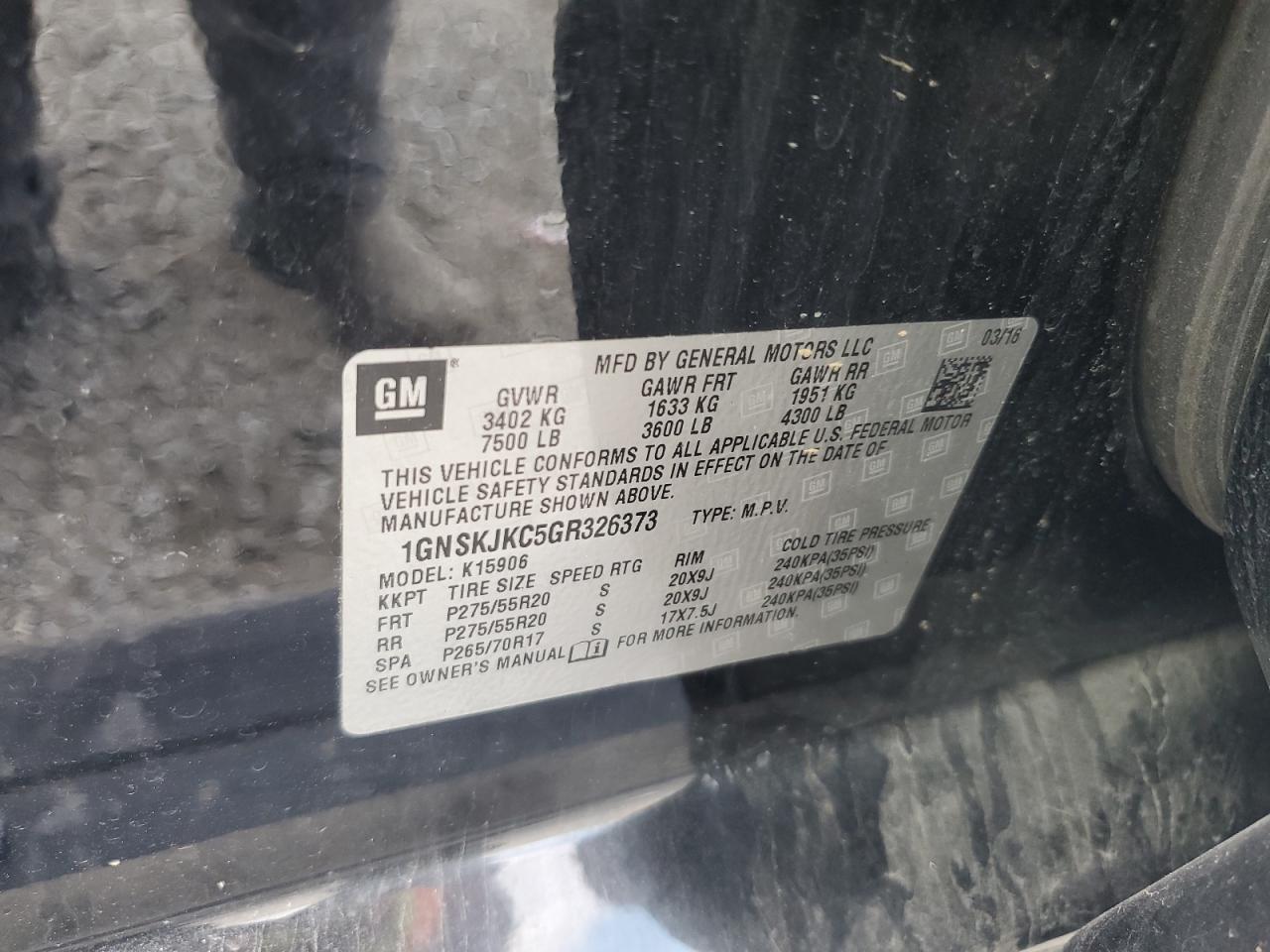 2016 Chevrolet Suburban K1500 Ltz VIN: 1GNSKJKC5GR326373 Lot: 81813295