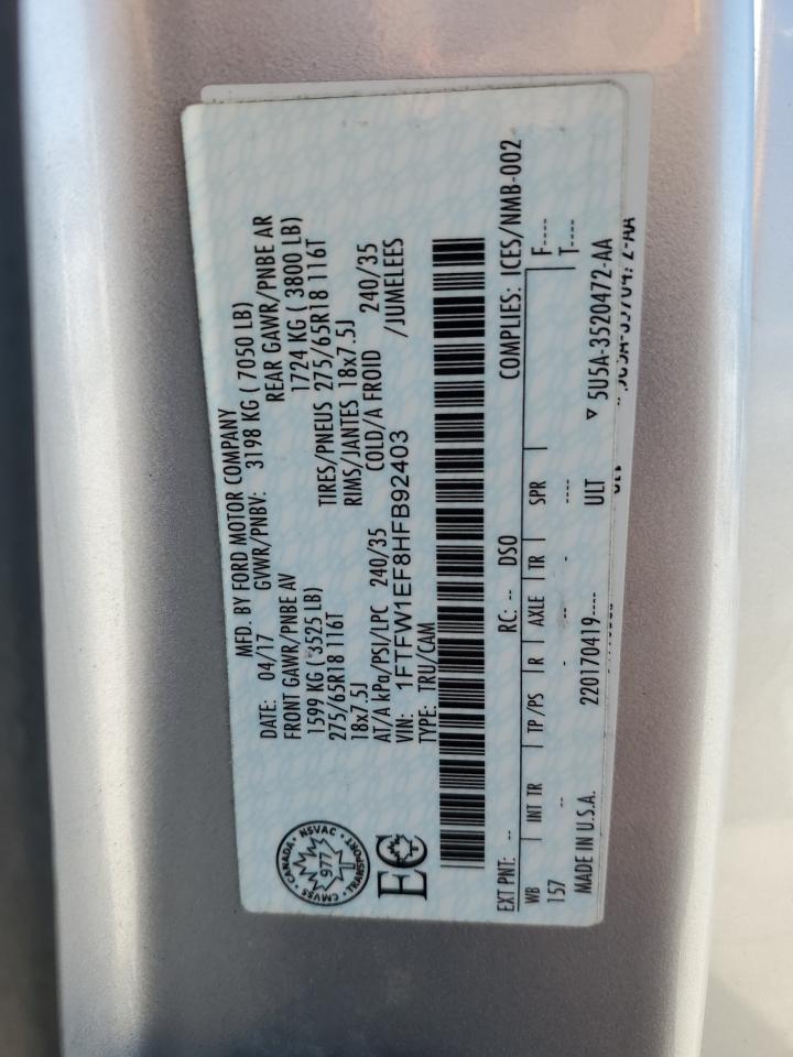 2017 Ford F150 Supercrew VIN: 1FTFW1EF8HFB92403 Lot: 71015385