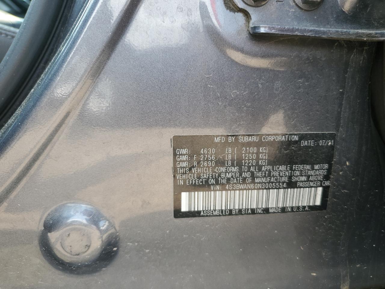 2022 Subaru Legacy Limited VIN: 4S3BWAN60N3005554 Lot: 71026425