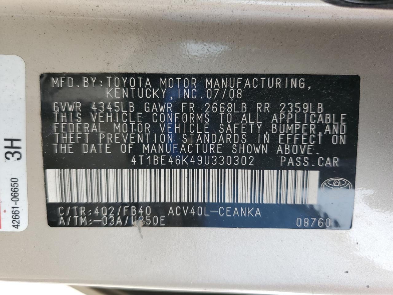 2009 Toyota Camry Base VIN: 4T1BE46K49U330302 Lot: 71688805