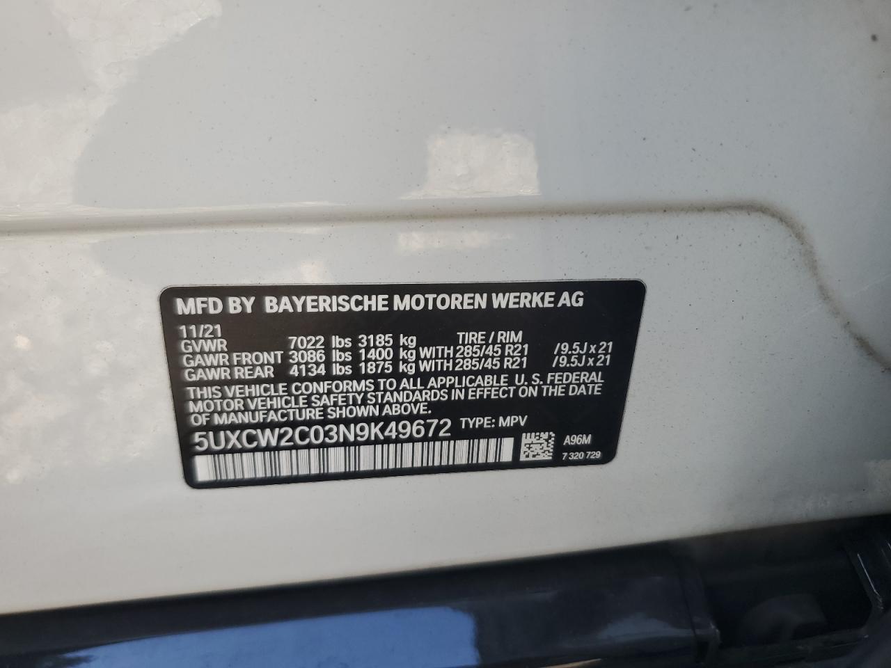 2022 BMW X7 xDrive40I VIN: 5UXCW2C03N9K49672 Lot: 81113065