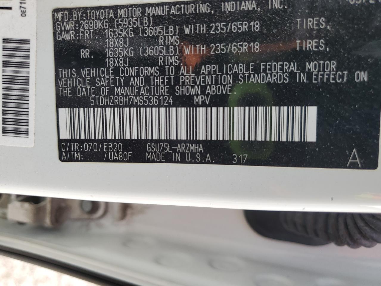 2021 Toyota Highlander Xle VIN: 5TDHZRBH7MS536124 Lot: 71548275