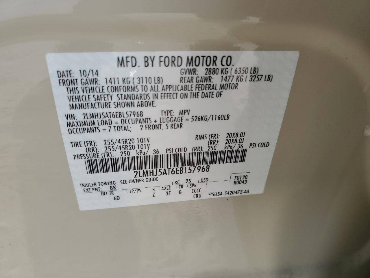 2014 Lincoln Mkt VIN: 2LMHJ5AT6EBL57968 Lot: 80869075