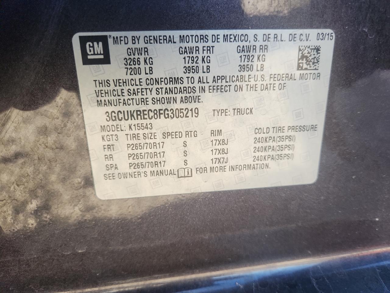 2015 Chevrolet Silverado K1500 Lt VIN: 3GCUKREC8FG305219 Lot: 72096385