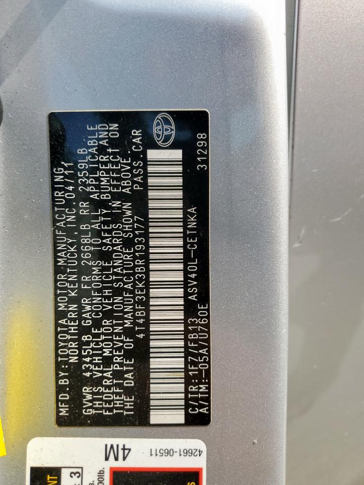 2011 Toyota Camry Base VIN: 4T4BF3EK3BR193177 Lot: 84296985