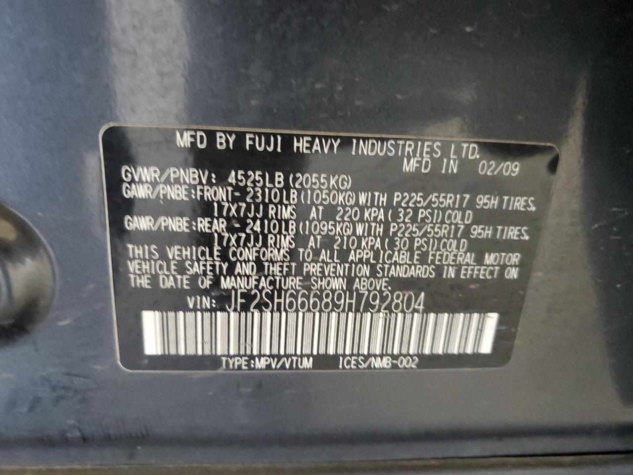 2009 Subaru Forester VIN: JF2SH66689H792804 Lot: 81249285