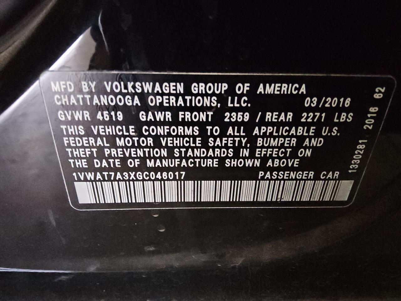 2016 Volkswagen Passat S VIN: 1VWAT7A3XGC046017 Lot: 83762465