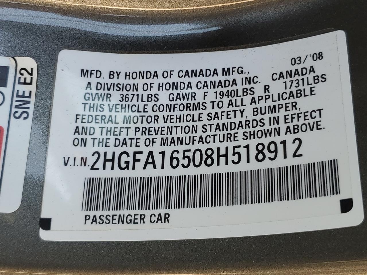 2008 Honda Civic Lx VIN: 2HGFA16508H518912 Lot: 71948255