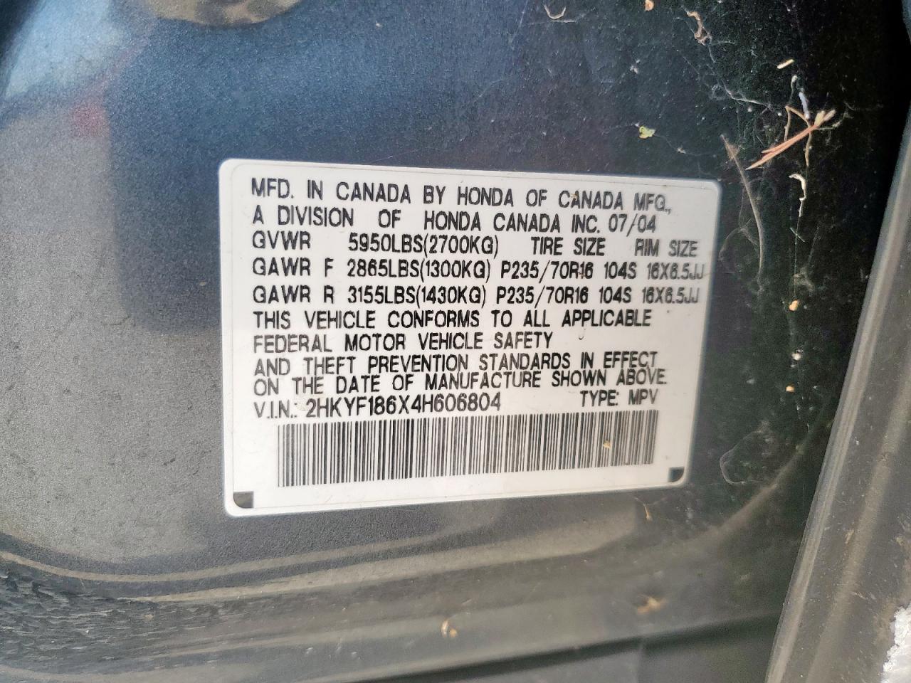 2004 Honda Pilot Exl VIN: 2HKYF186X4H606804 Lot: 81104065