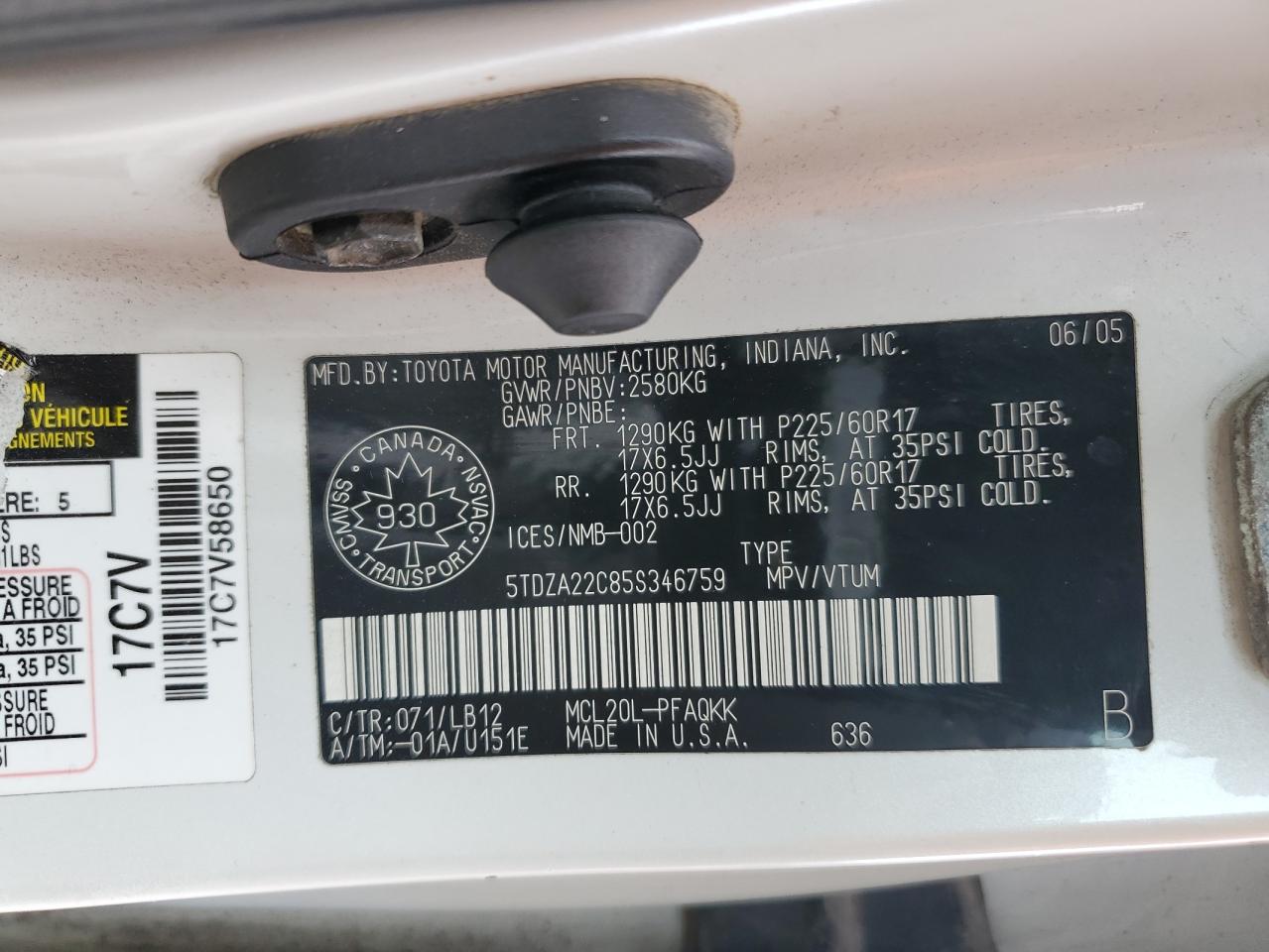 2005 Toyota Sienna Xle VIN: 5TDZA22C85S346759 Lot: 71999245