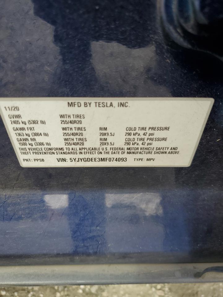 2021 Tesla Model Y VIN: 5YJYGDEE3MF074093 Lot: 72031315