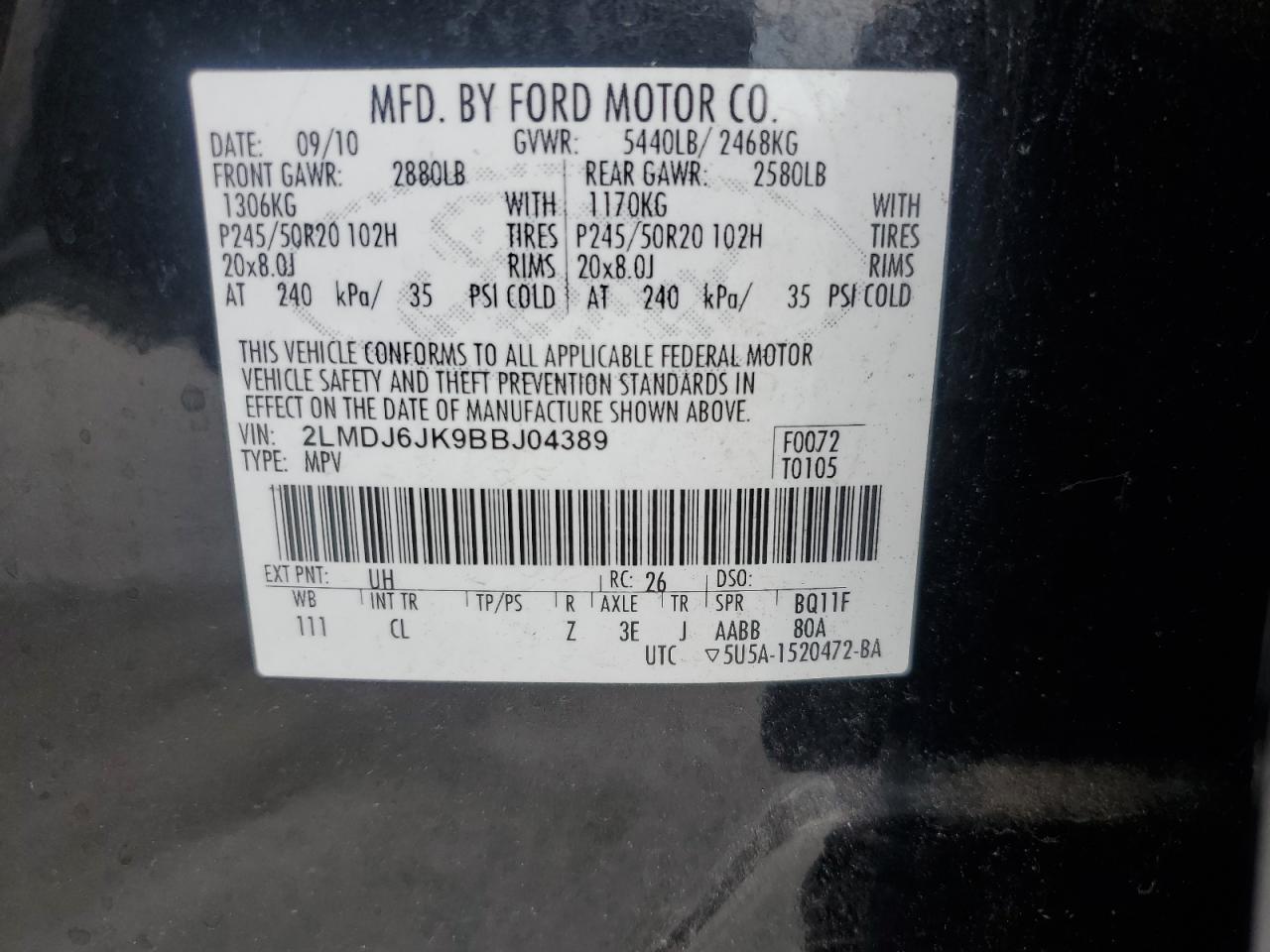 2011 Lincoln Mkx VIN: 2LMDJ6JK9BBJ04389 Lot: 80883915