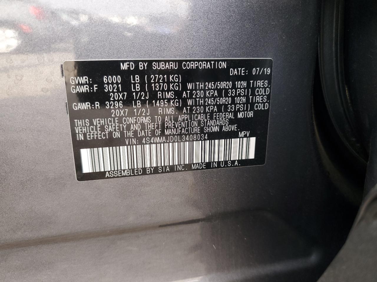 2020 Subaru Ascent Limited VIN: 4S4WMAJD0L3408034 Lot: 81857195