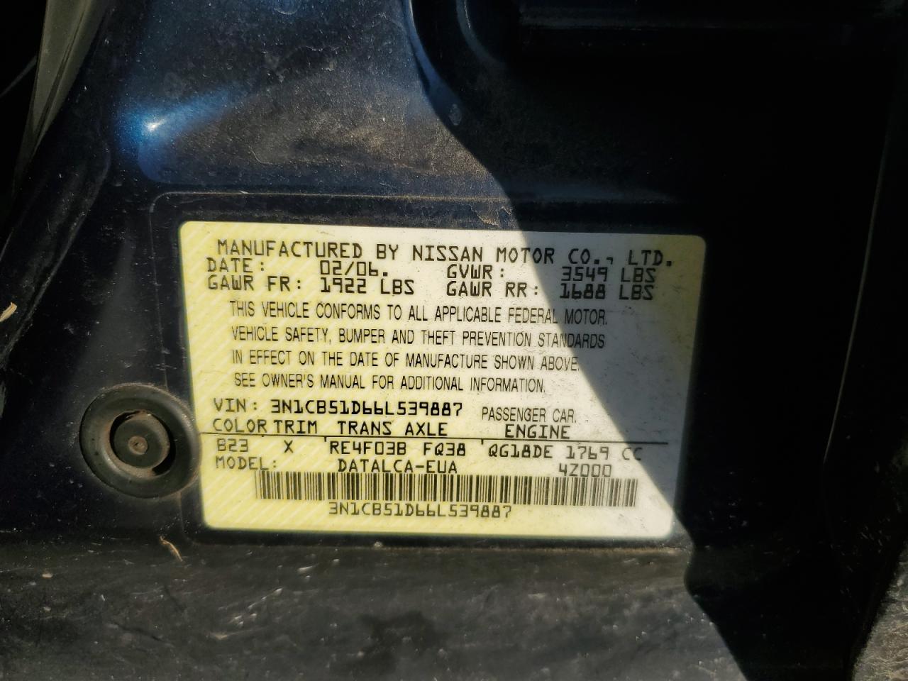 2006 Nissan Sentra 1.8 VIN: 3N1CB51D66L539887 Lot: 81893965
