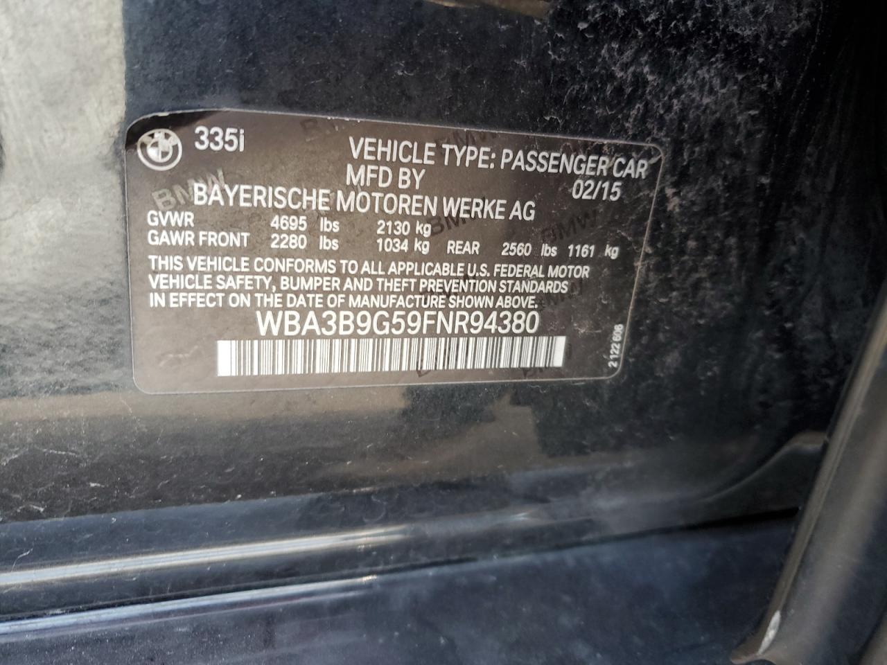 2015 BMW 335 Xi VIN: WBA3B9G59FNR94380 Lot: 80115945