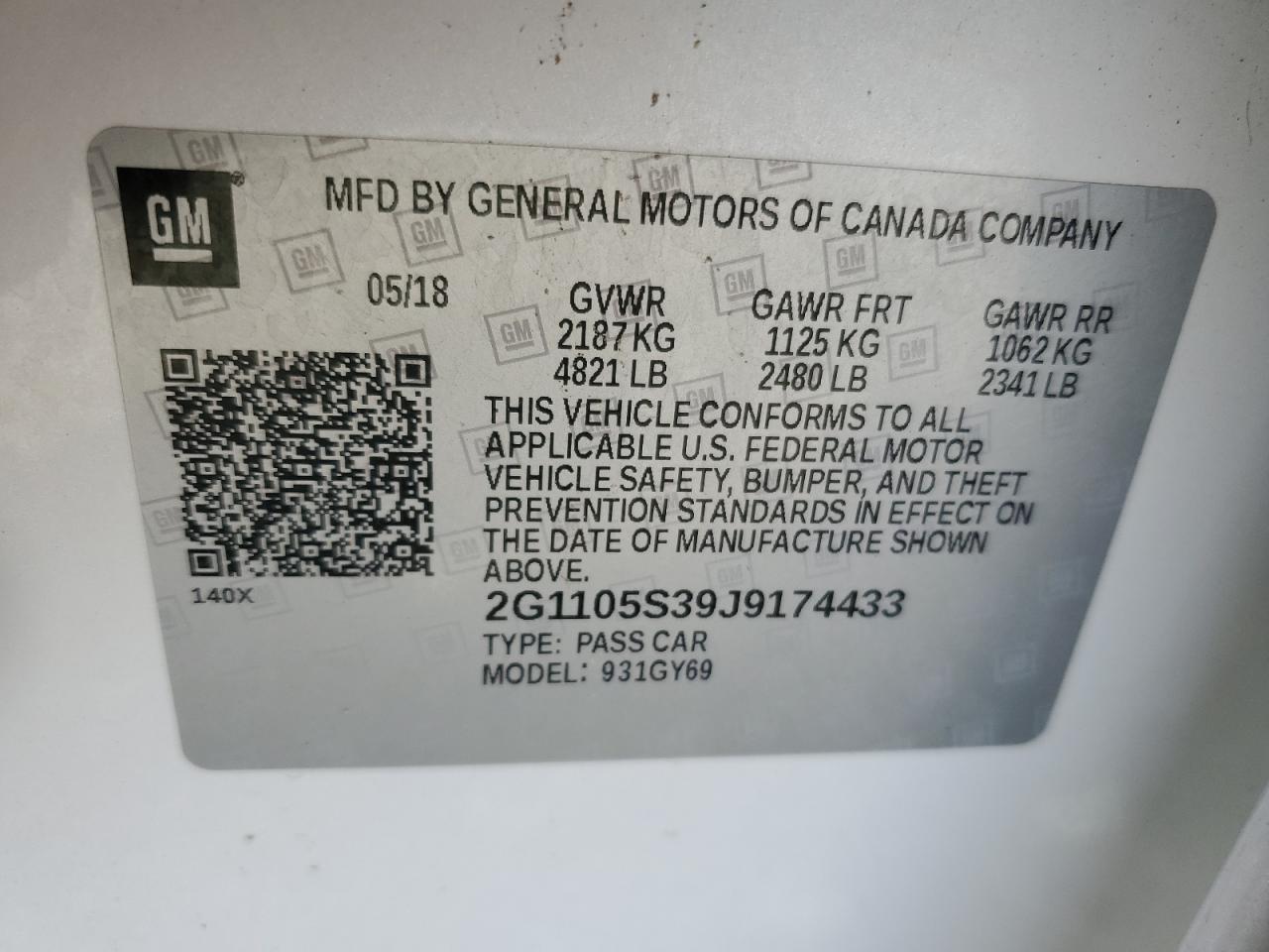 2018 Chevrolet Impala Lt VIN: 2G1105S39J9174433 Lot: 80146775