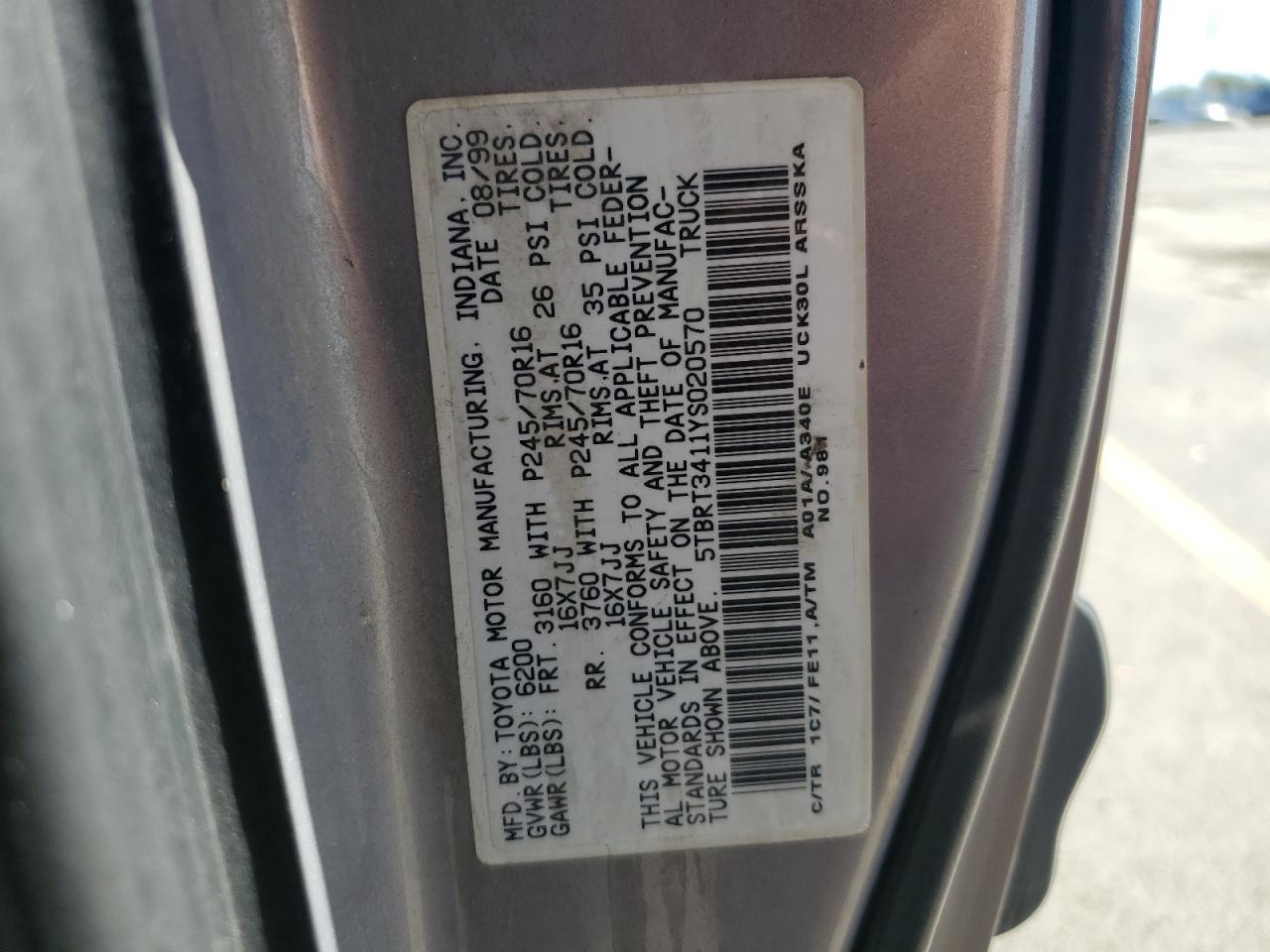 2000 Toyota Tundra Access Cab VIN: 5TBRT3411YS020570 Lot: 81076915