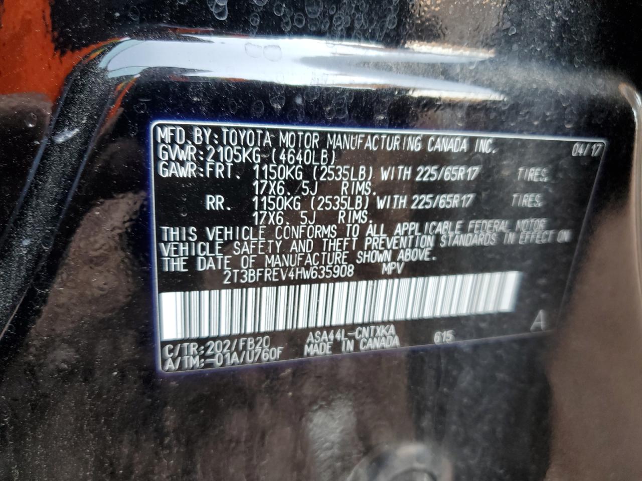 2017 Toyota Rav4 Le VIN: 2T3BFREV4HW635908 Lot: 81024955