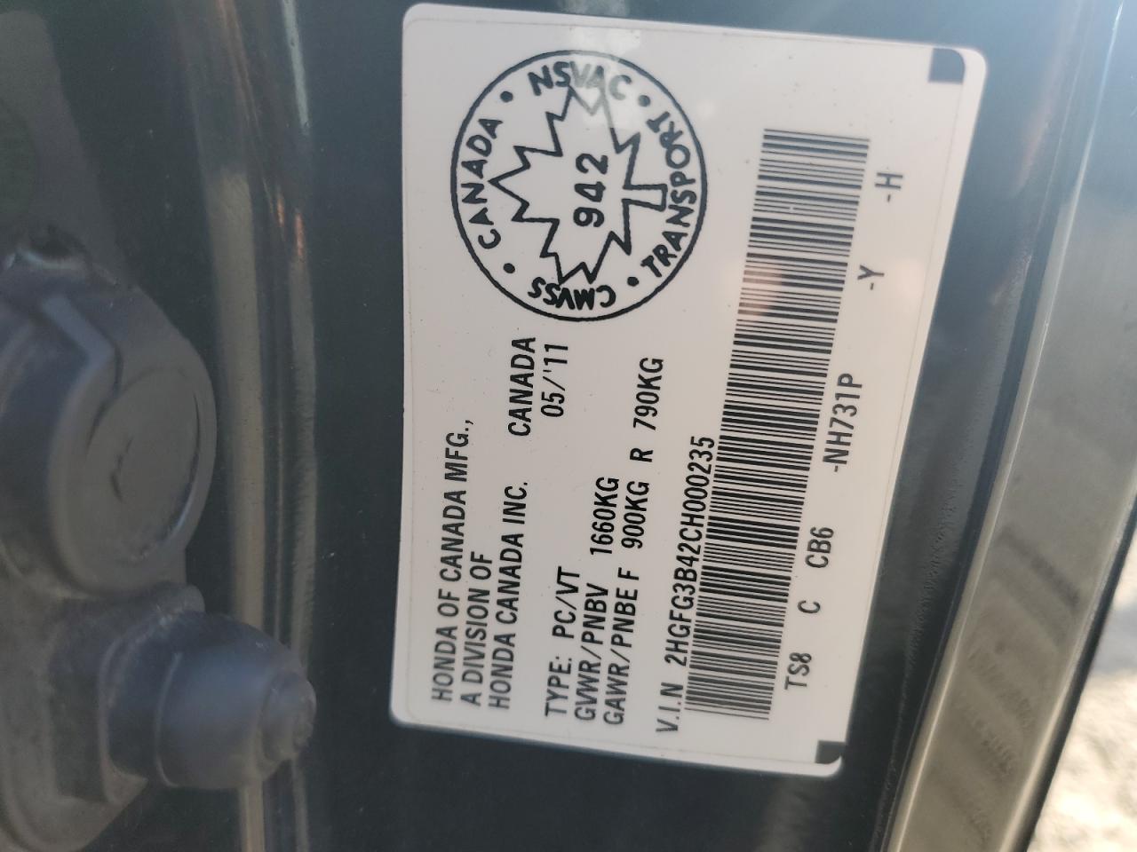 2012 Honda Civic Lx VIN: 2HGFG3B42CH000235 Lot: 66922945