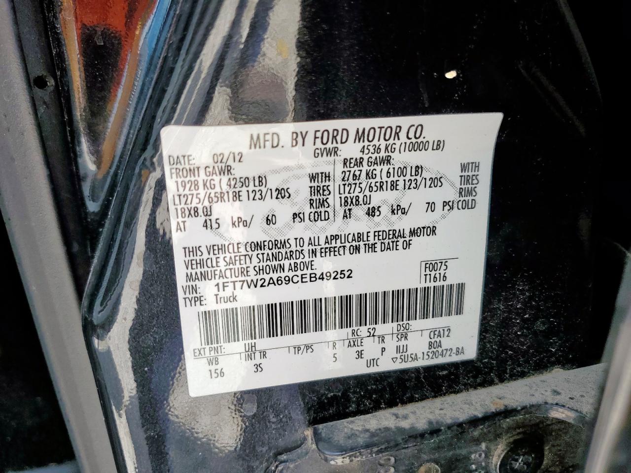 2012 Ford F250 Super Duty VIN: 1FT7W2A69CEB49252 Lot: 70583865