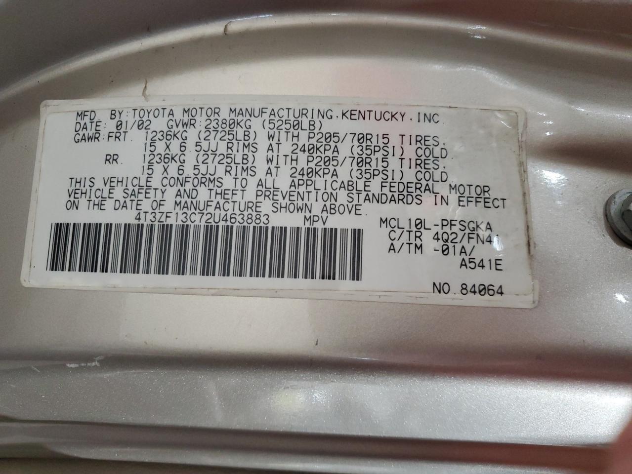 2002 Toyota Sienna Le VIN: 4T3ZF13C72U463883 Lot: 84043925